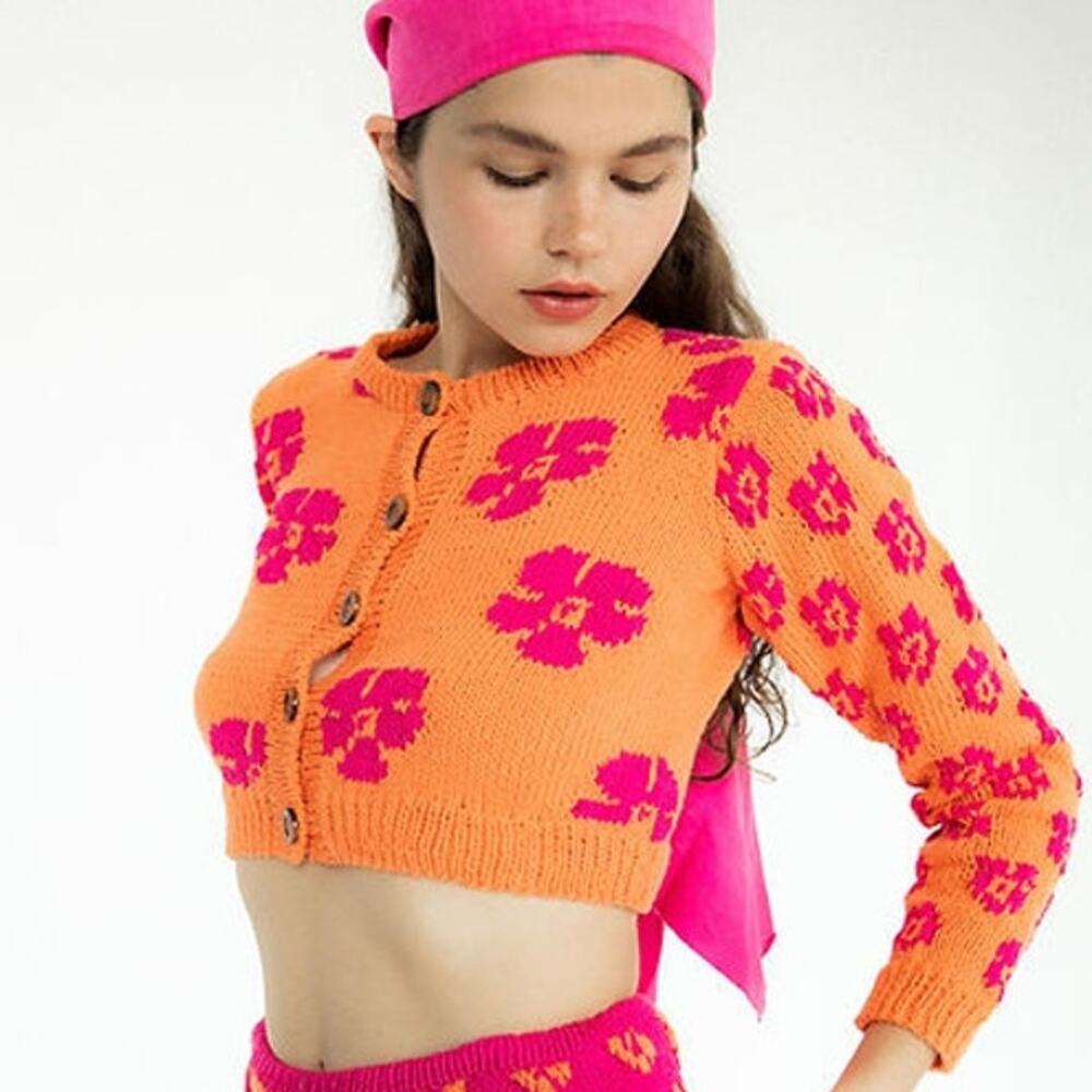 Tach Vera Floral Boho Hippie Knit Cardigan Jaquard Bright Orange Pink NWT XS